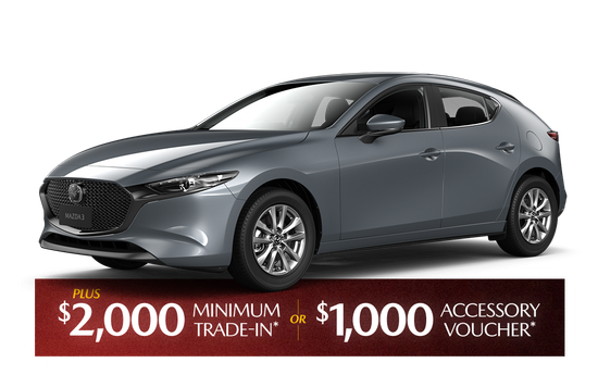 A silver mazda 3 hatchback is shown on a white background.