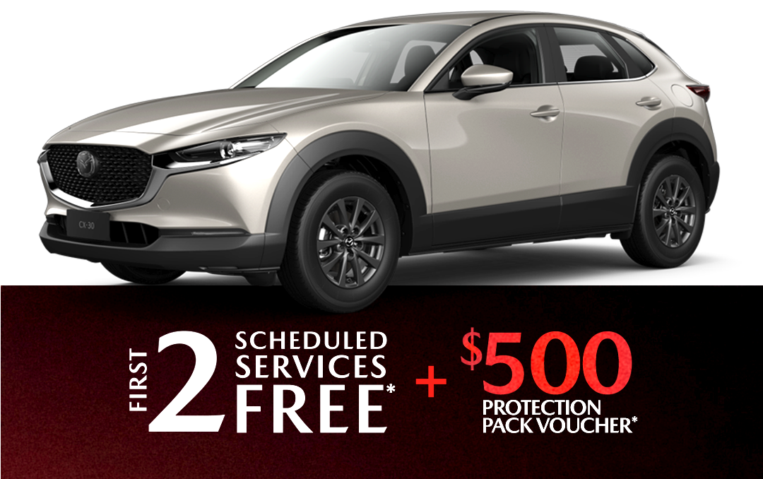 A red mazda cx-30 is shown on a white background.