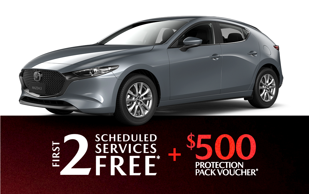 A silver mazda 3 hatchback is shown on a white background.