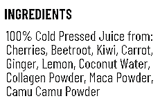 Small red bottle with black cap, surrounded by red fruit, moss, and a white powder.