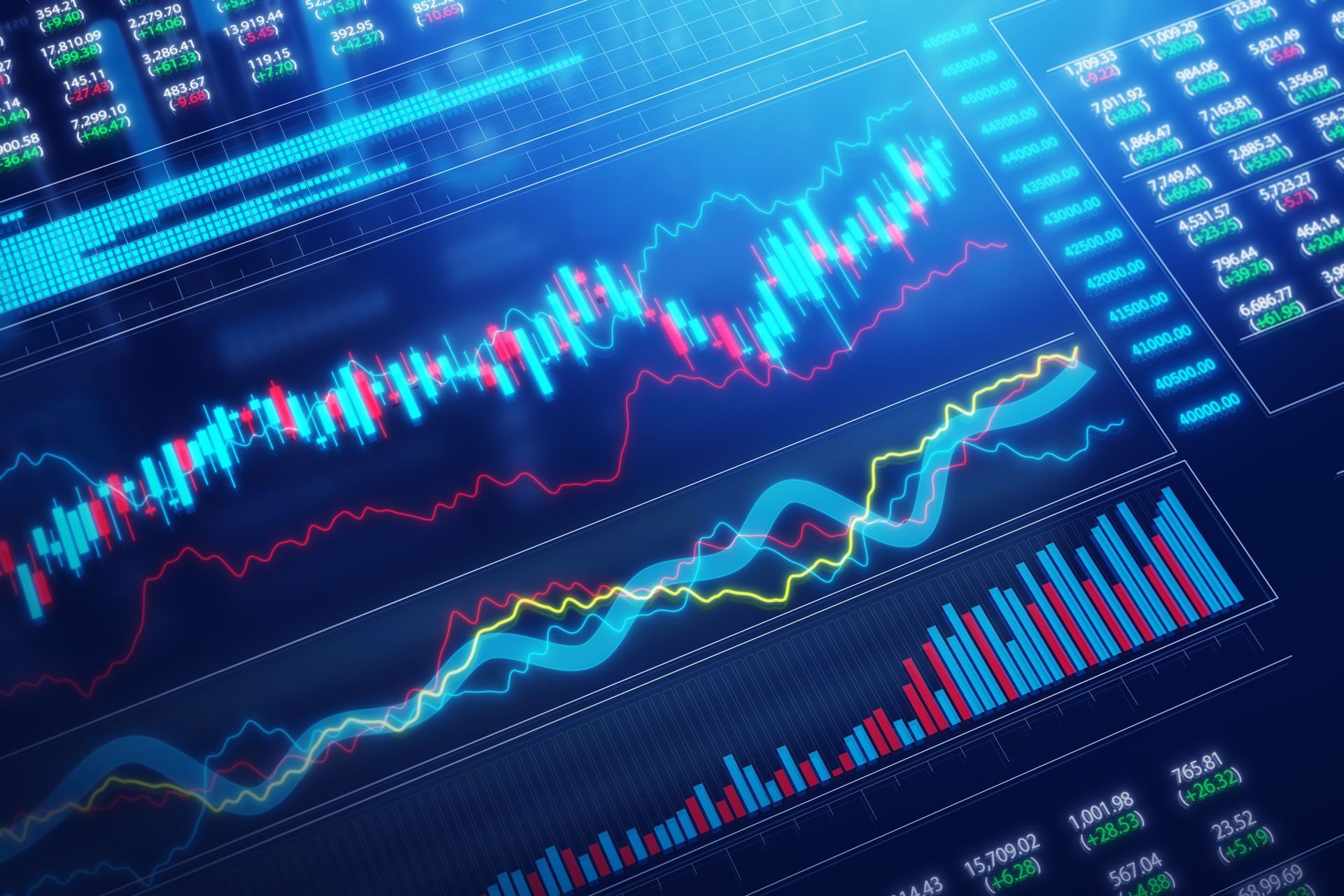 Financial charts with fluctuating lines and data tables on a blue background, depicting market trends.
