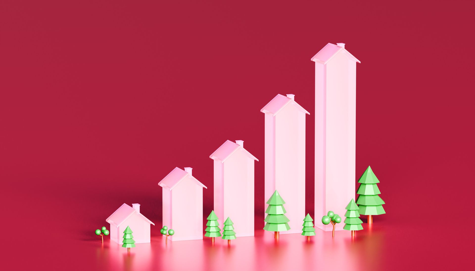 Pink houses increasing in size, representing growth, with green trees on a red background.