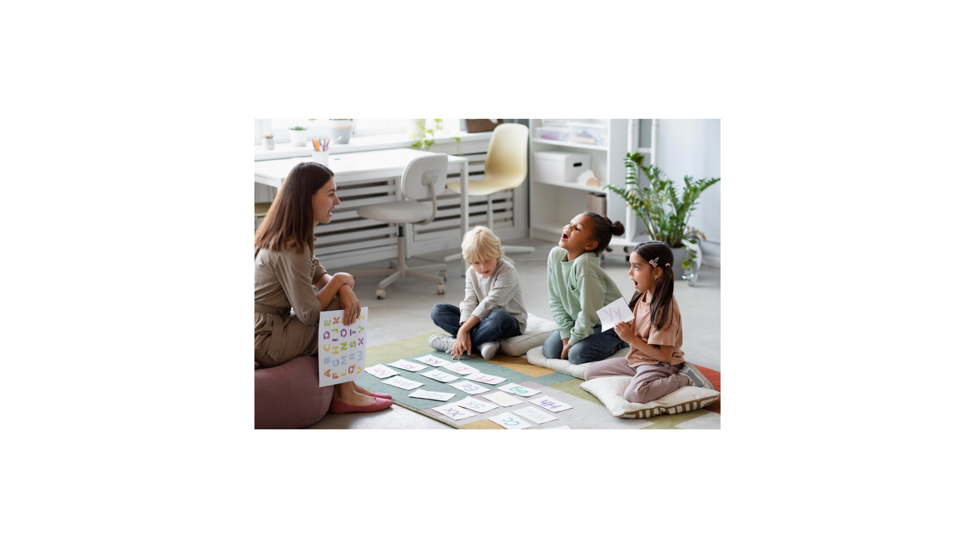 A woman is sitting on the floor reading a book to a group of children.