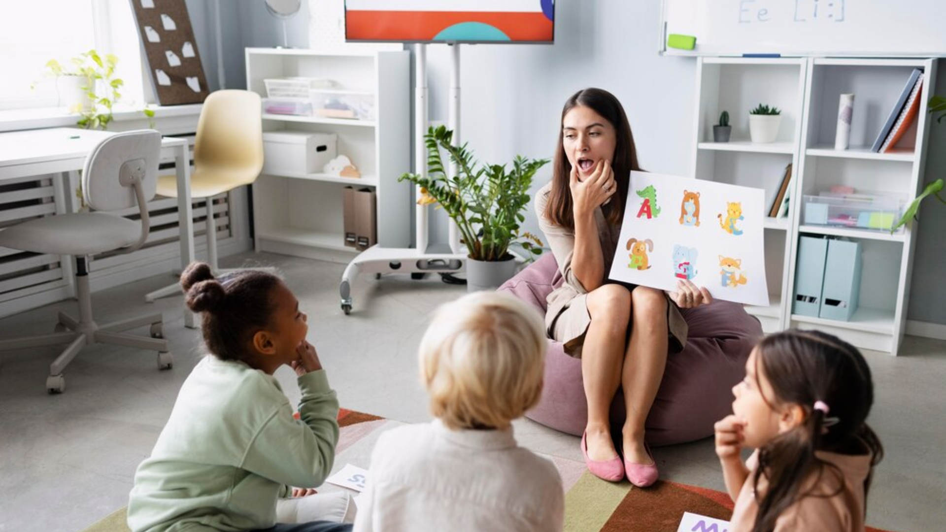 A woman is sitting on a bean bag chair reading a book to a group of children.