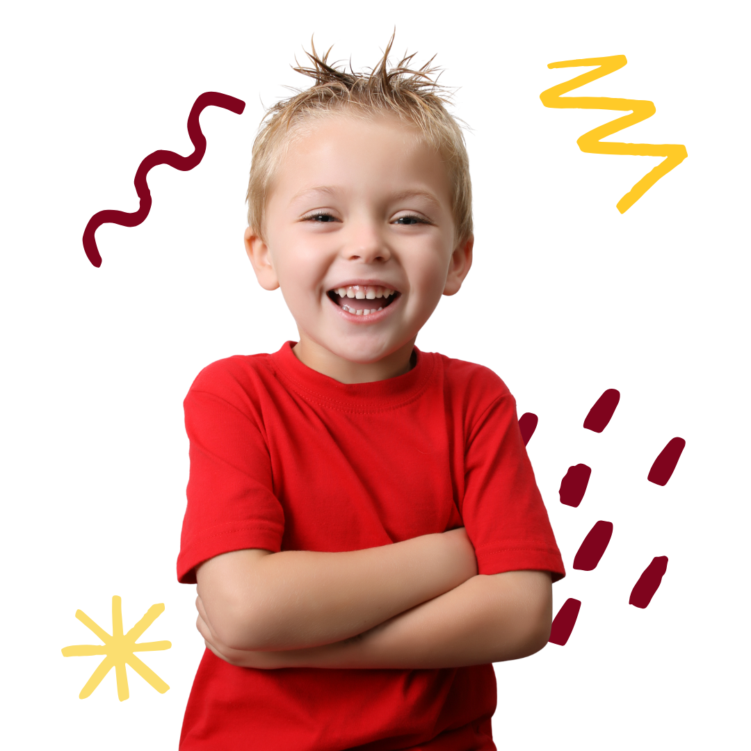 Boy in red shirt with arms crossed, smiling broadly, surrounded by colorful doodles.
