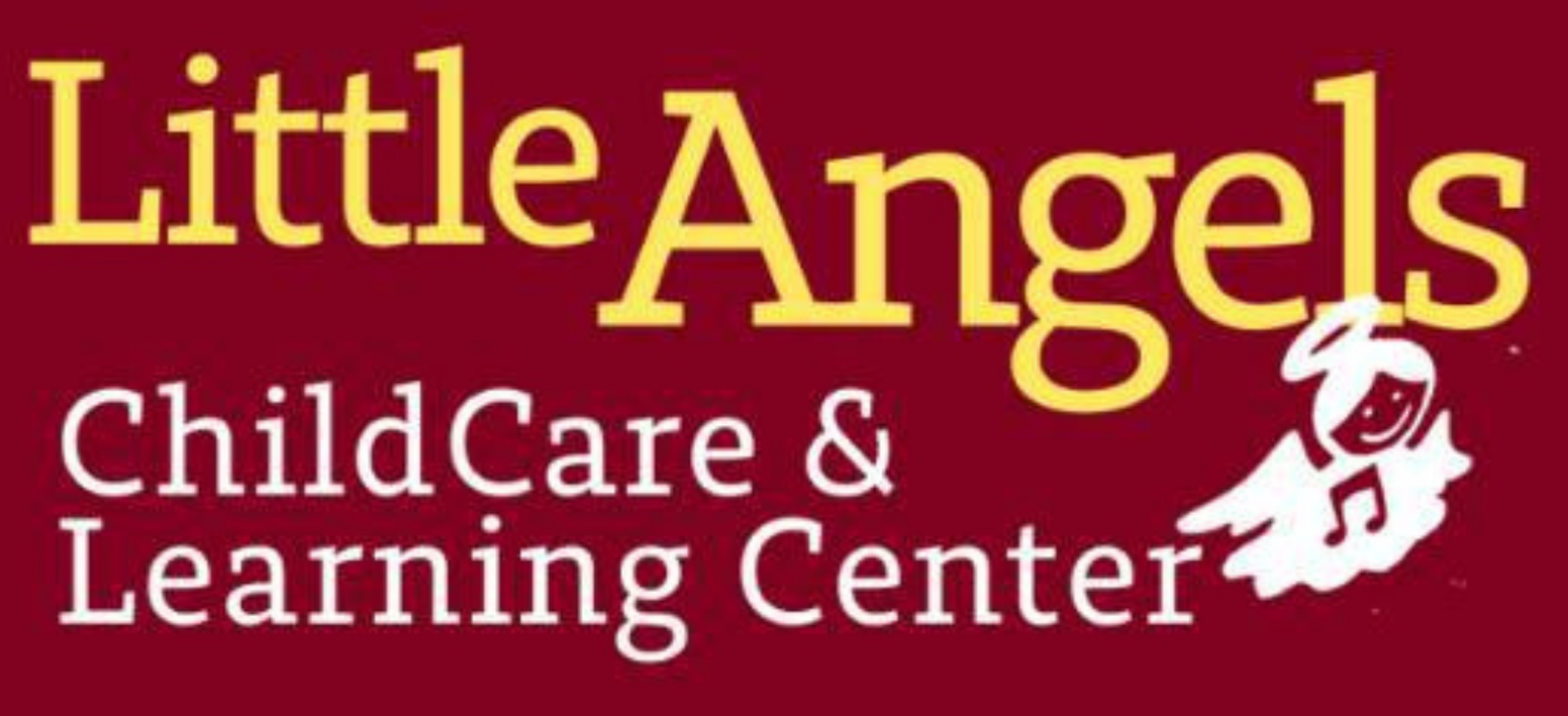 Logo for Little Angels ChildCare & Learning Center, with yellow text on a maroon background; angel graphic.