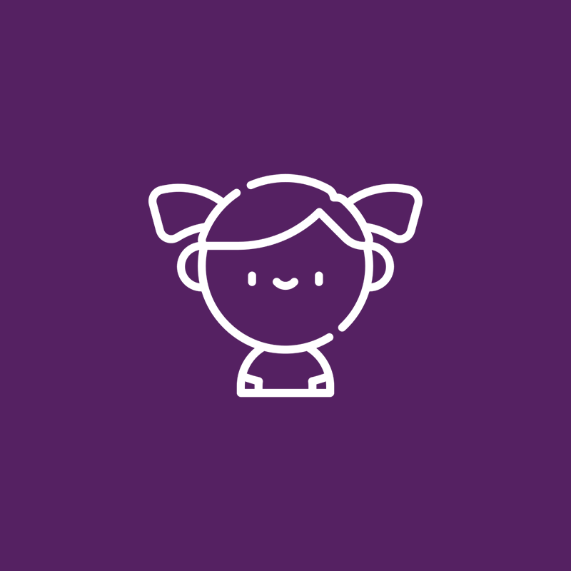 An icon of a little girl with a bow in her hair on a purple background.