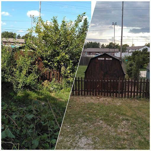 A before and after picture of a yard with a fence and a barn.