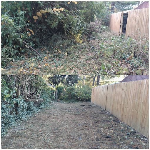 A before and after picture of a yard with a wooden fence.
