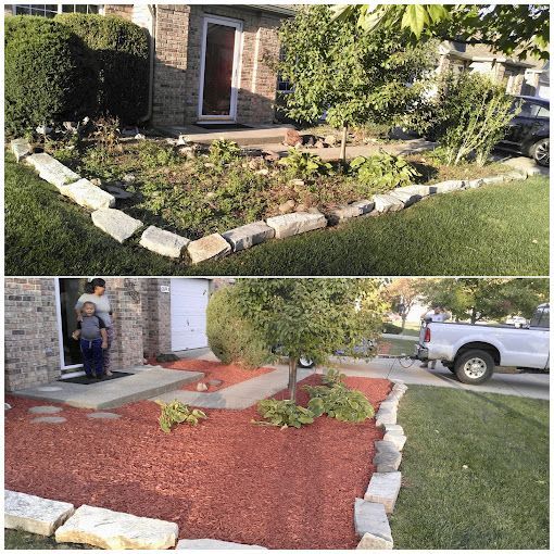 A before and after picture of a lawn with a truck parked in front of it.