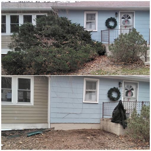 A before and after picture of a blue house