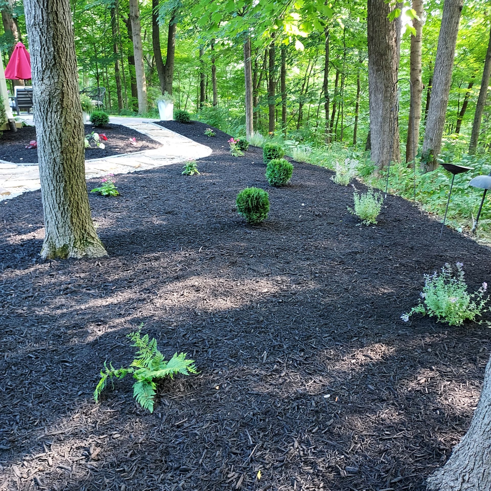 A wheelbarrow is sitting on top of a pile of dirt in a yard.