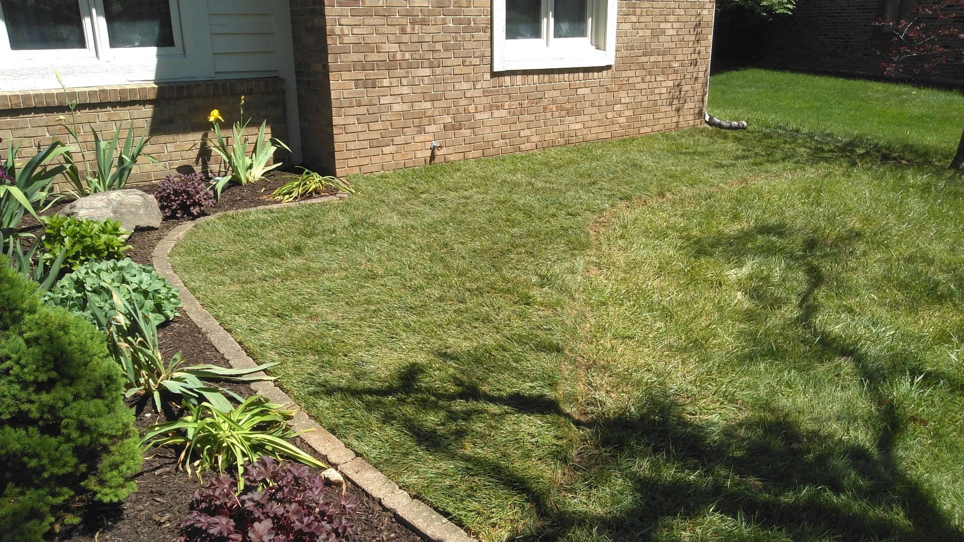 A brick house with a lush green lawn in front of it