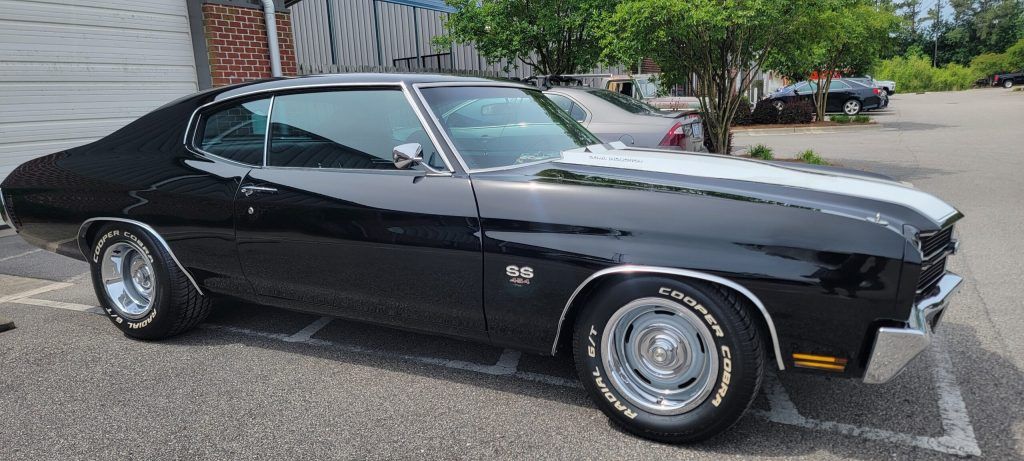 A black and white muscle car is parked in a parking lot.
