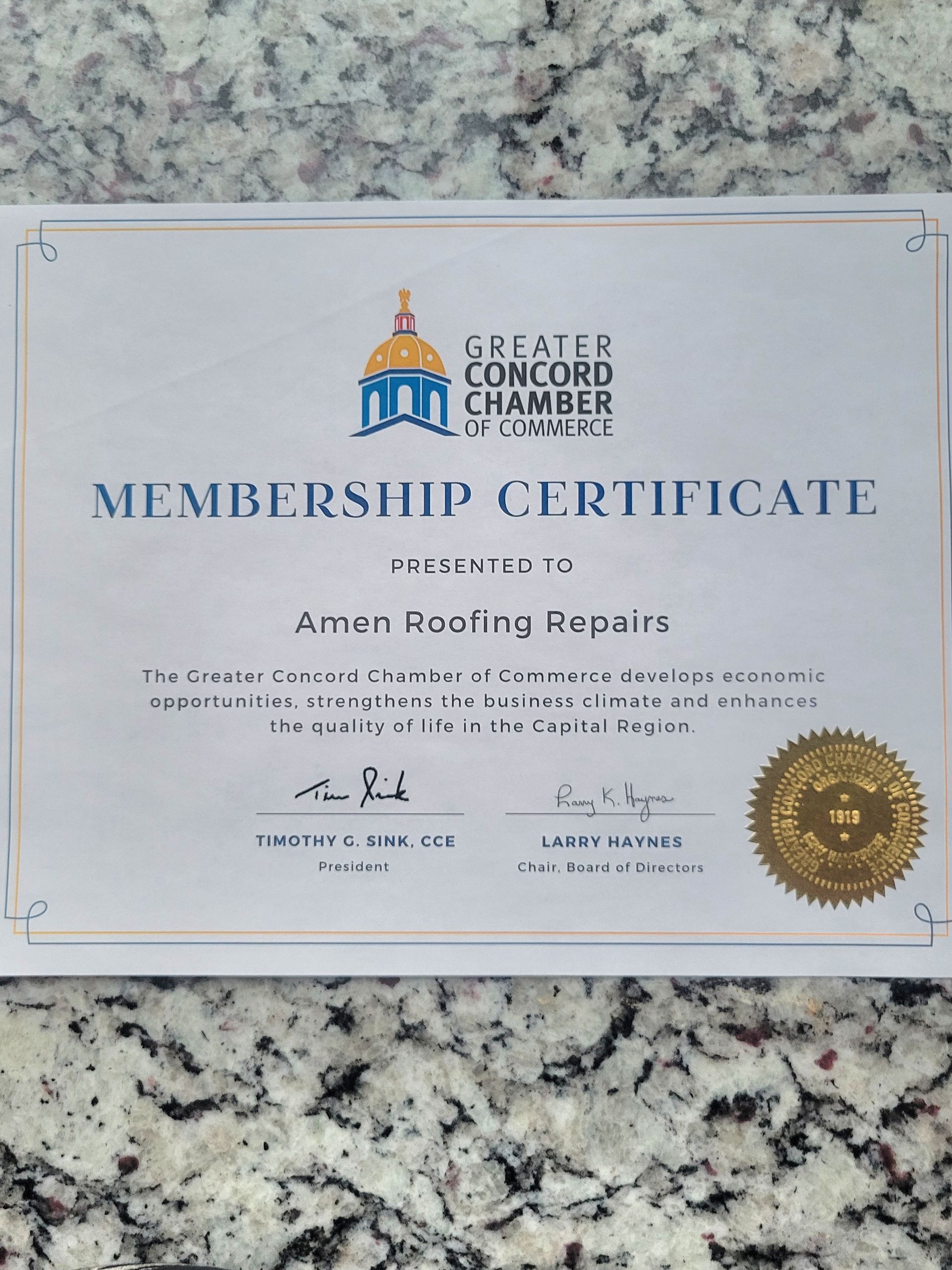 A membership certificate from the greater concord chamber of commerce