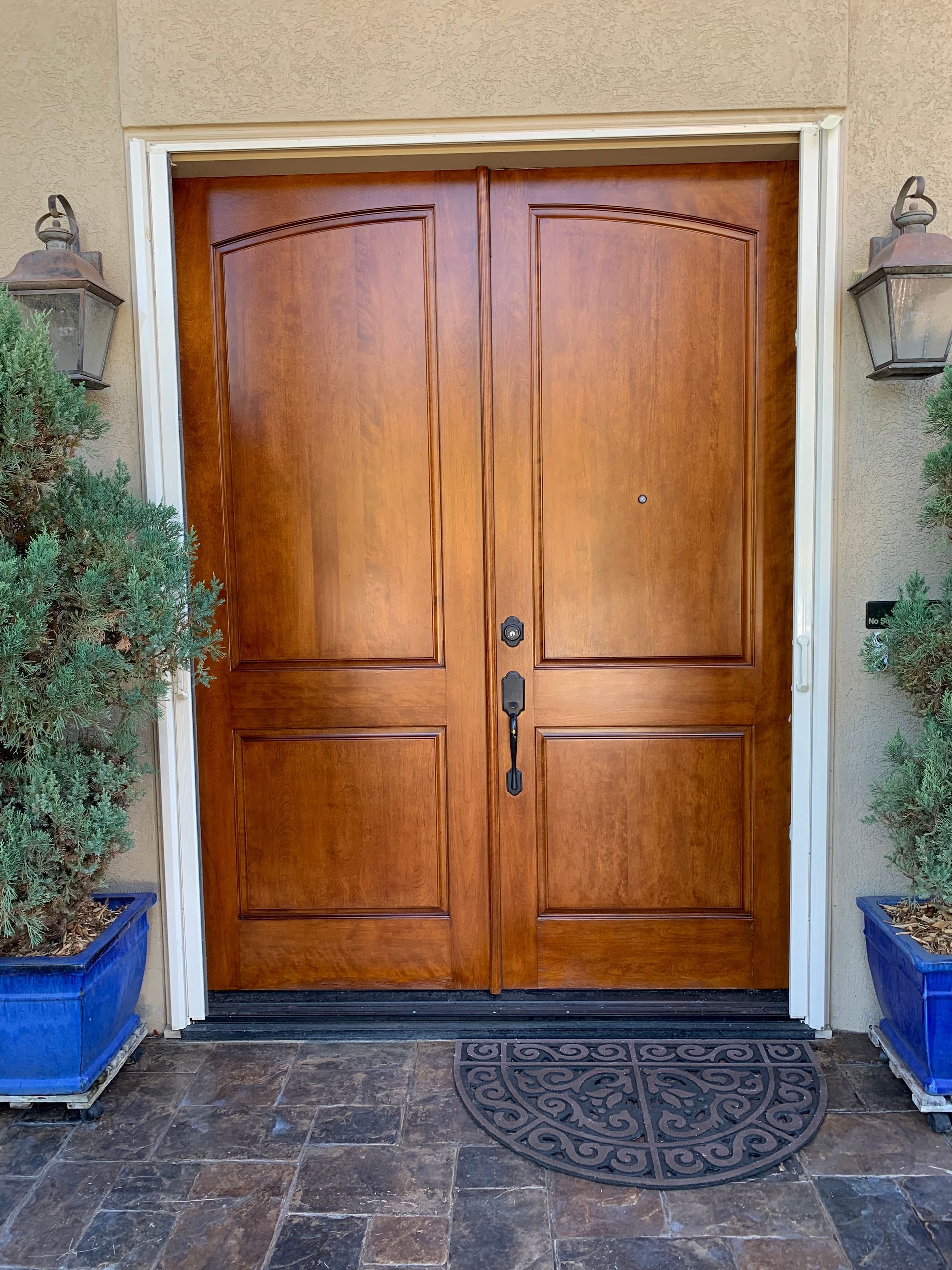 Wooden double doors with arched top panels, flanked by blue potted plants and sconces.