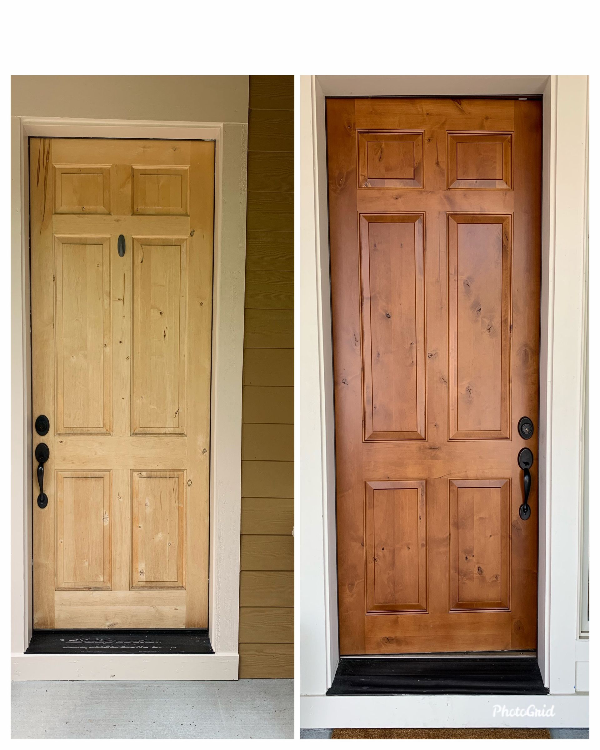Two front doors side-by-side, one light wood, one stained darker. White trim.