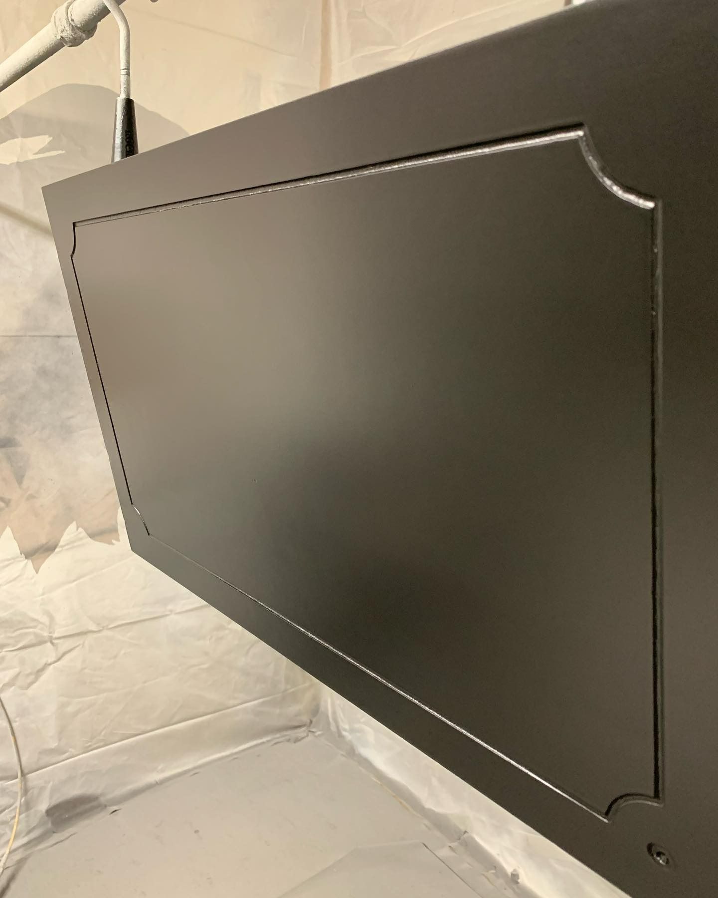 Painted gray cabinet door with decorative border hanging in a protective enclosure.