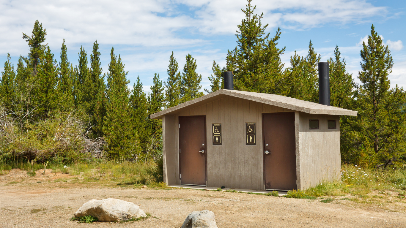 Public restroom building with two doors, gender signs, and smokestacks, set in a wooded area under a cloudy sky.