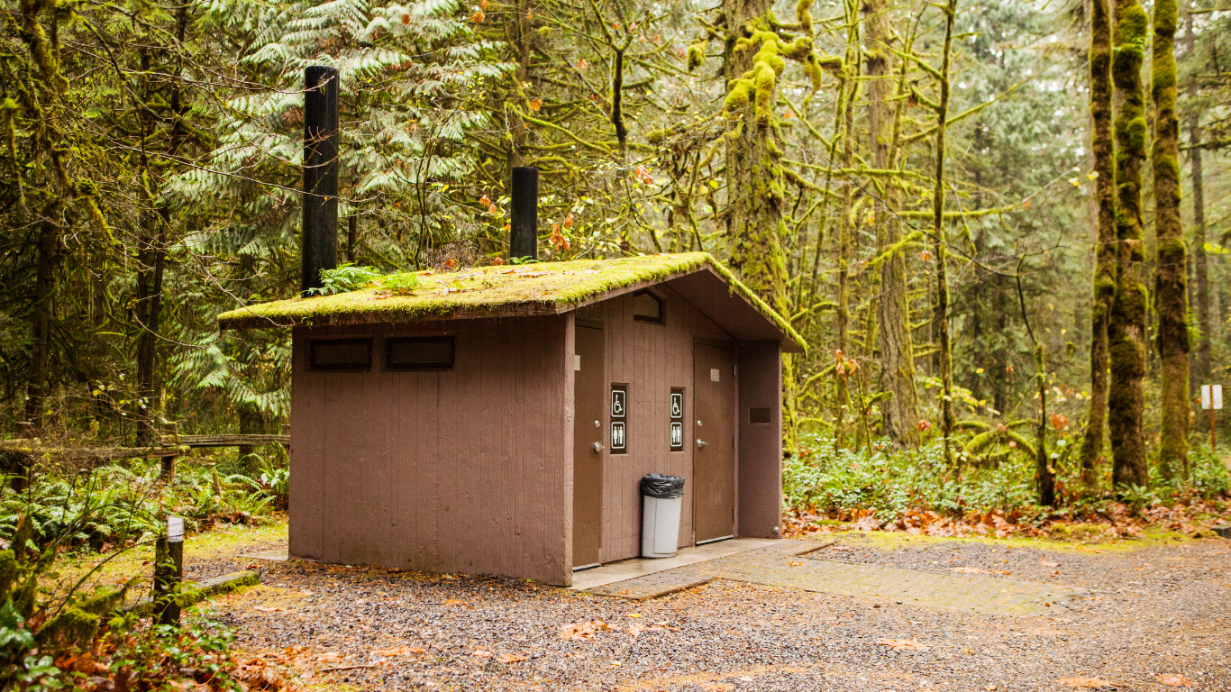 Brown public restroom with moss-covered roof in a forest setting. A trash can sits outside.