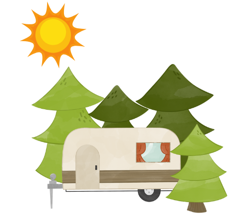 A sunny campsite scene with a cream-colored camper surrounded by green trees and a bright yellow sun.