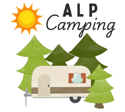 Camping logo with a camper, pine trees, sun, and text that reads 