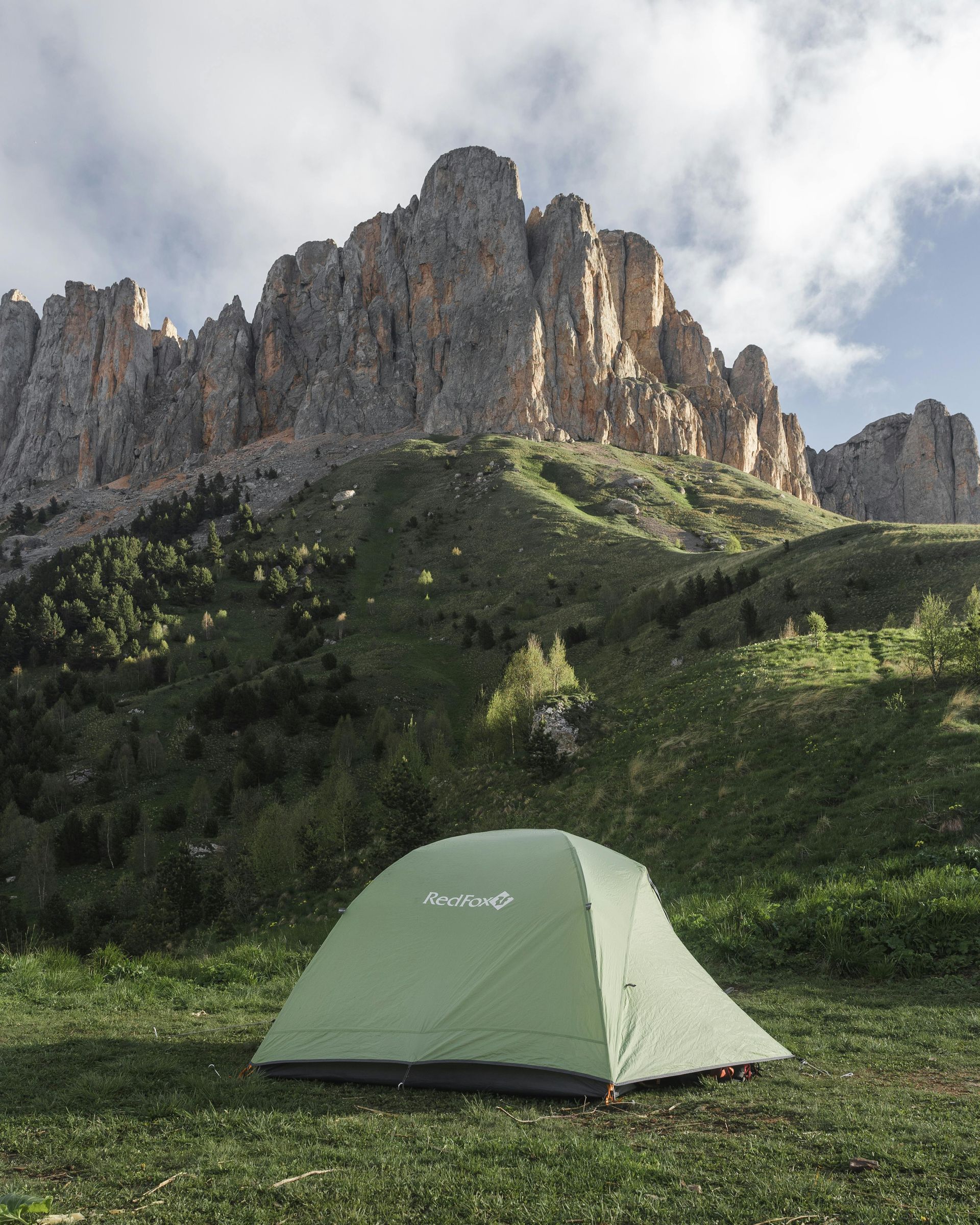 Green tent pitched in a grassy field with a rocky mountain range in the background under a cloudy sky.