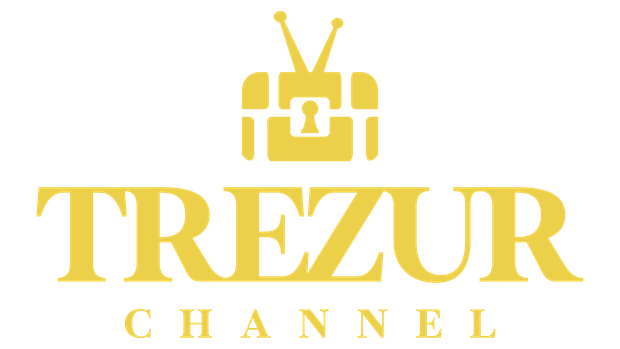 A logo for trezur channel with a tv on top of a suitcase.