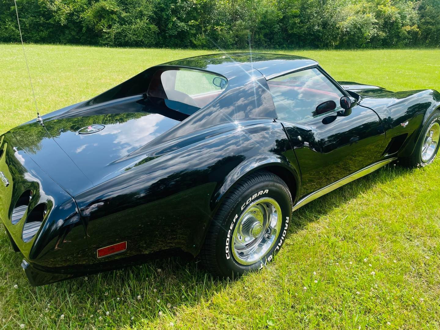 Black classic Corvette parked on green grass.