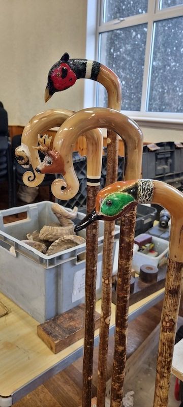 Completed sticks, all by Martin Trinder, image from Newcastleton Stick Workshop by permission of Diane Hope Stick making process Scottish Crookmaker's Association