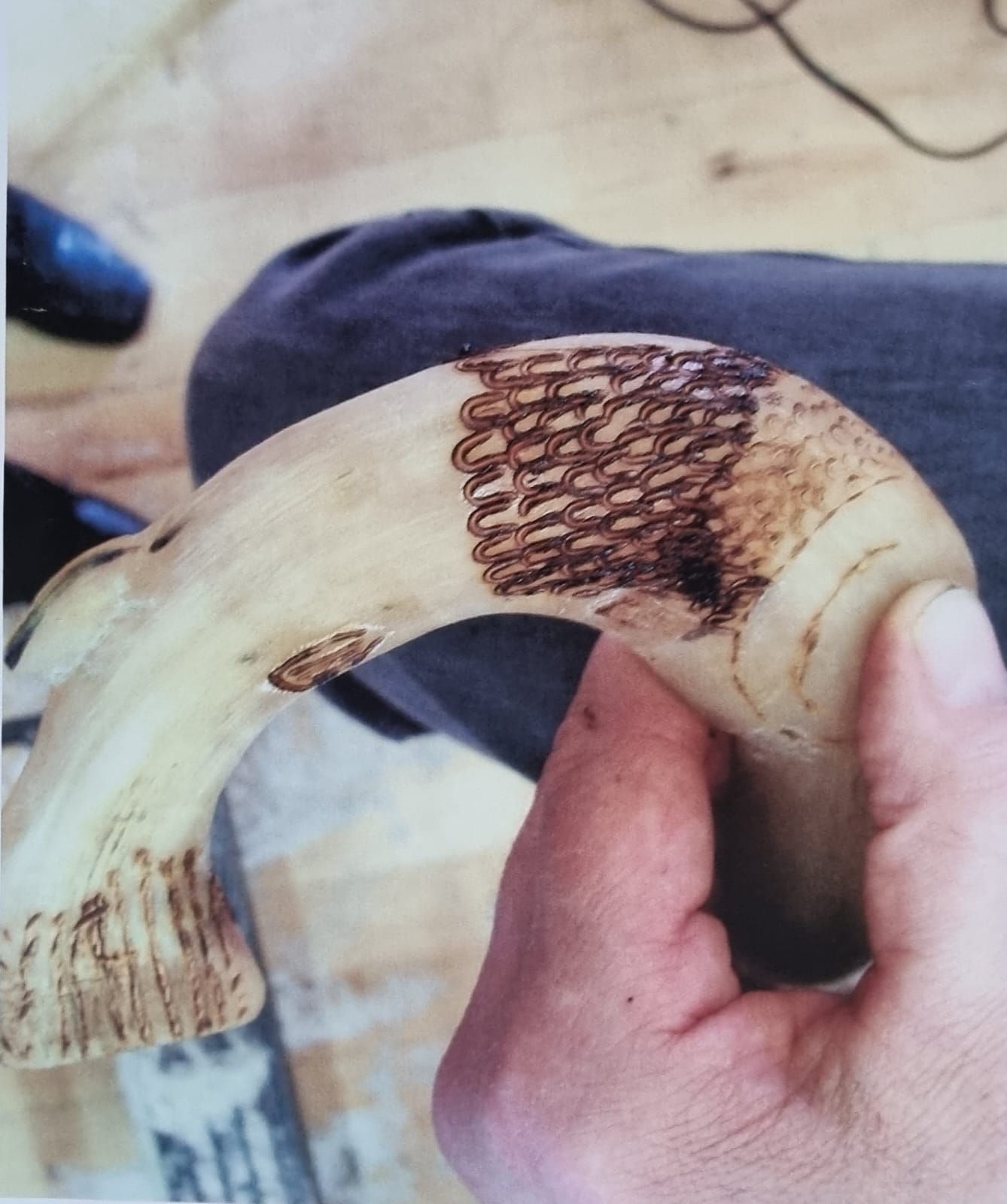 Detail being added to a horn head, by kind permission of Martin Trinder photo taken at Newcastleton stick workshop Nov 22