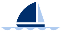 A blue sailboat is floating on top of a body of water.