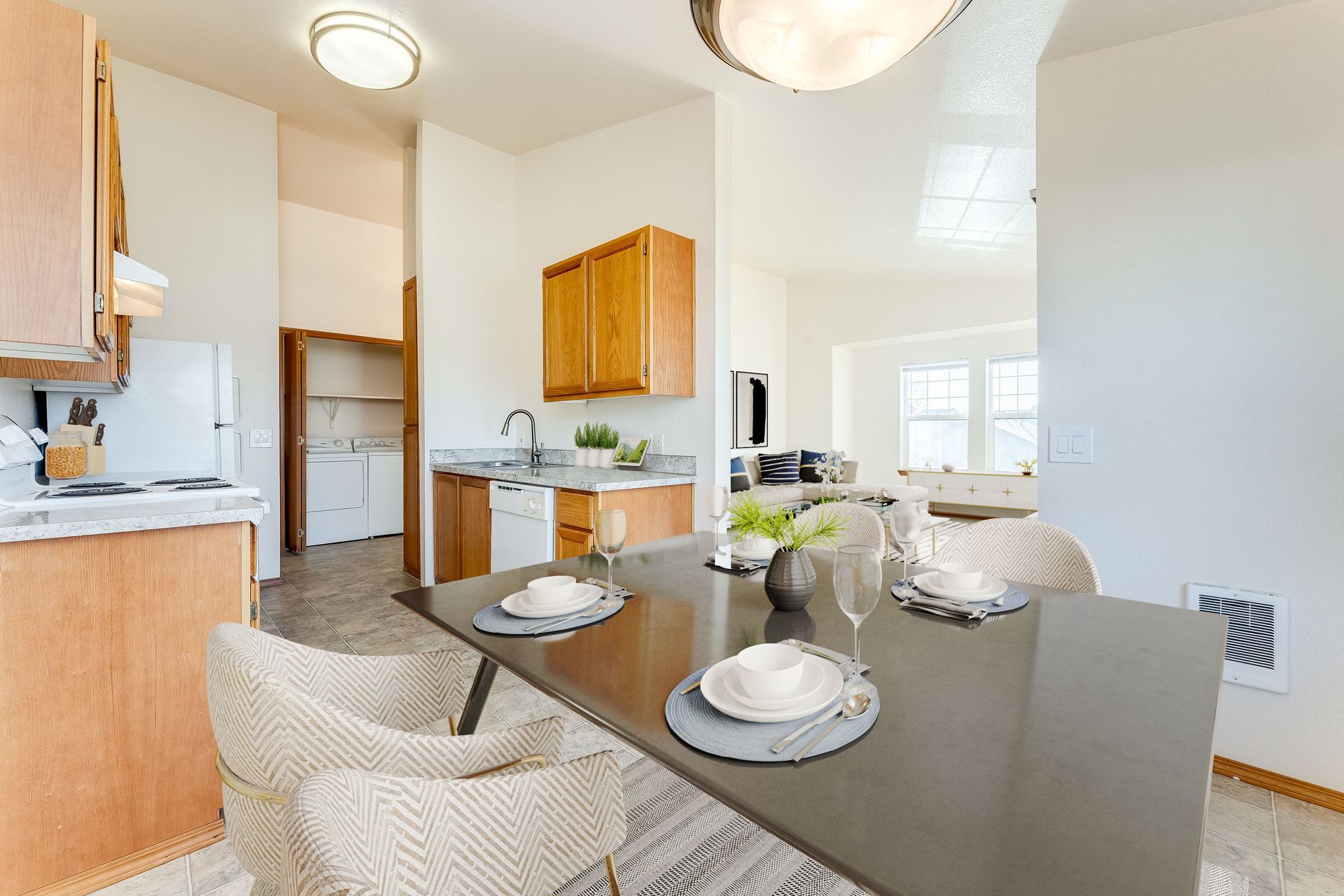 Dining room with view of kitchen and living room.