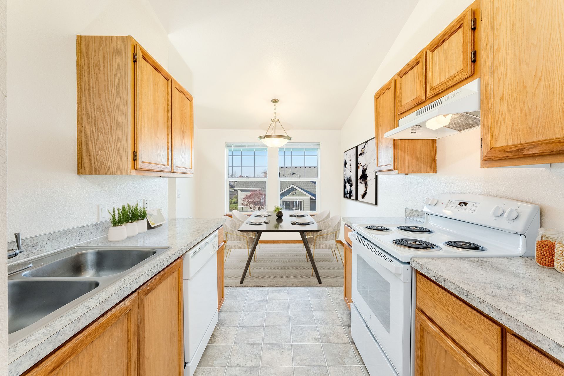 Kitchen with view of dining room.