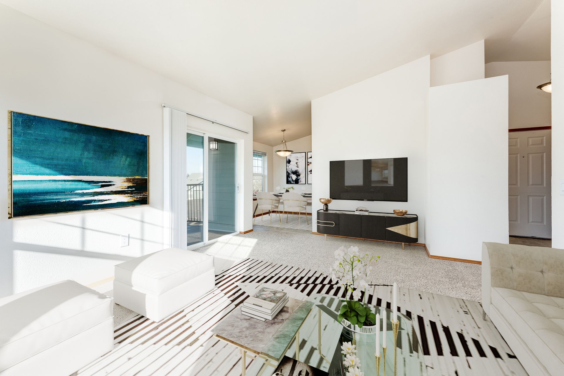 Living room with sliding glass doors to deck/patio and view of dining room.