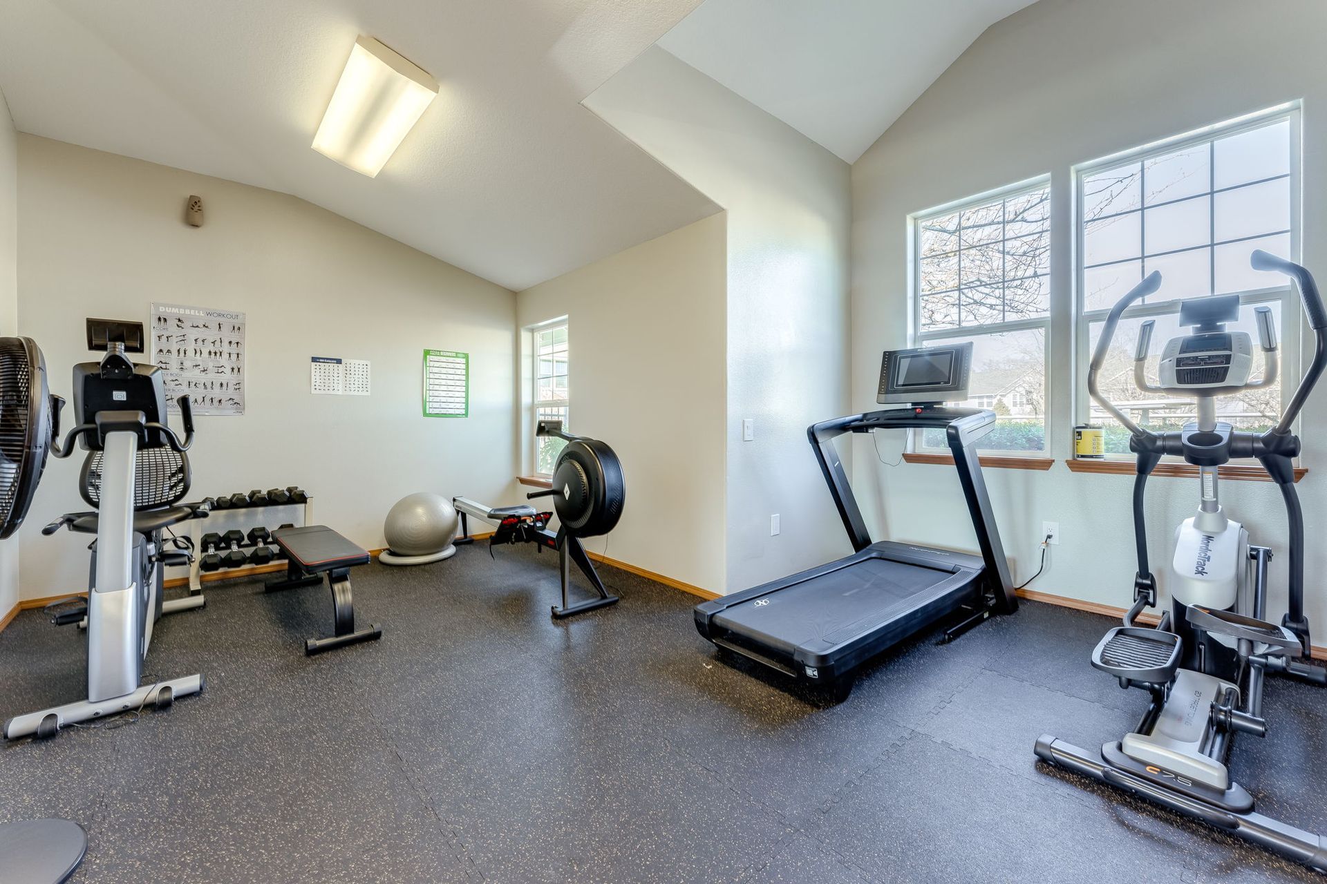 Fitness center with view of elliptical, treadmill, row machine and workout bench with shelf of dumbbells. 