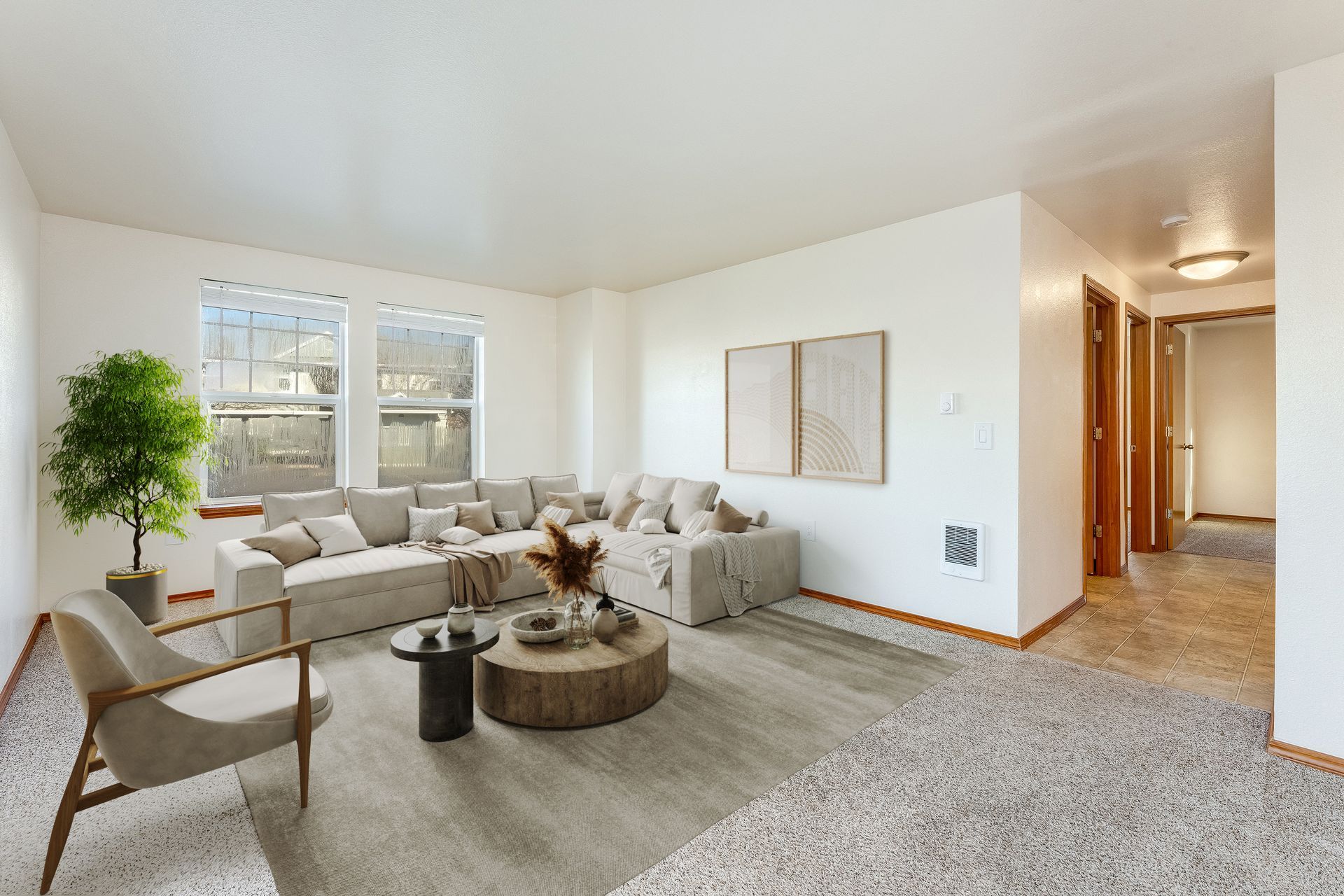 Large living Room with wall of windows.