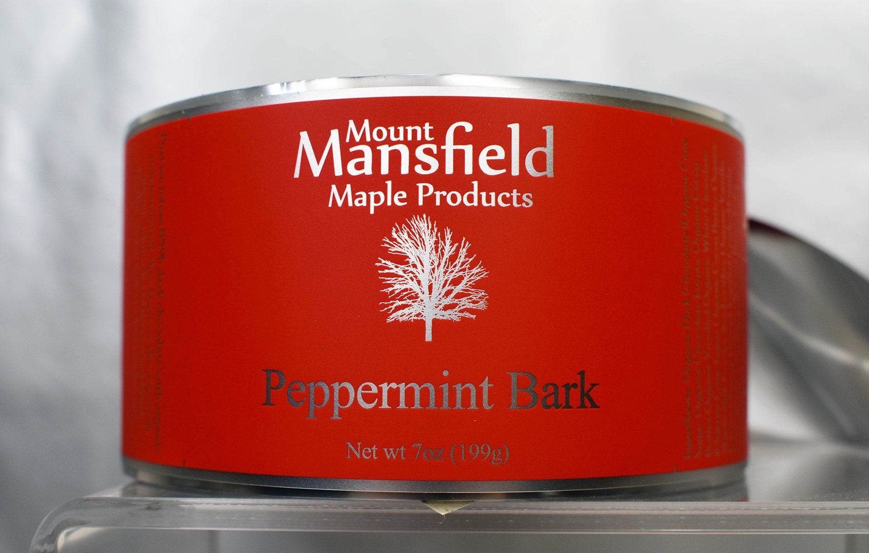 Mount Mansfield Maple's Red Metallic Peppermint Bark Label
