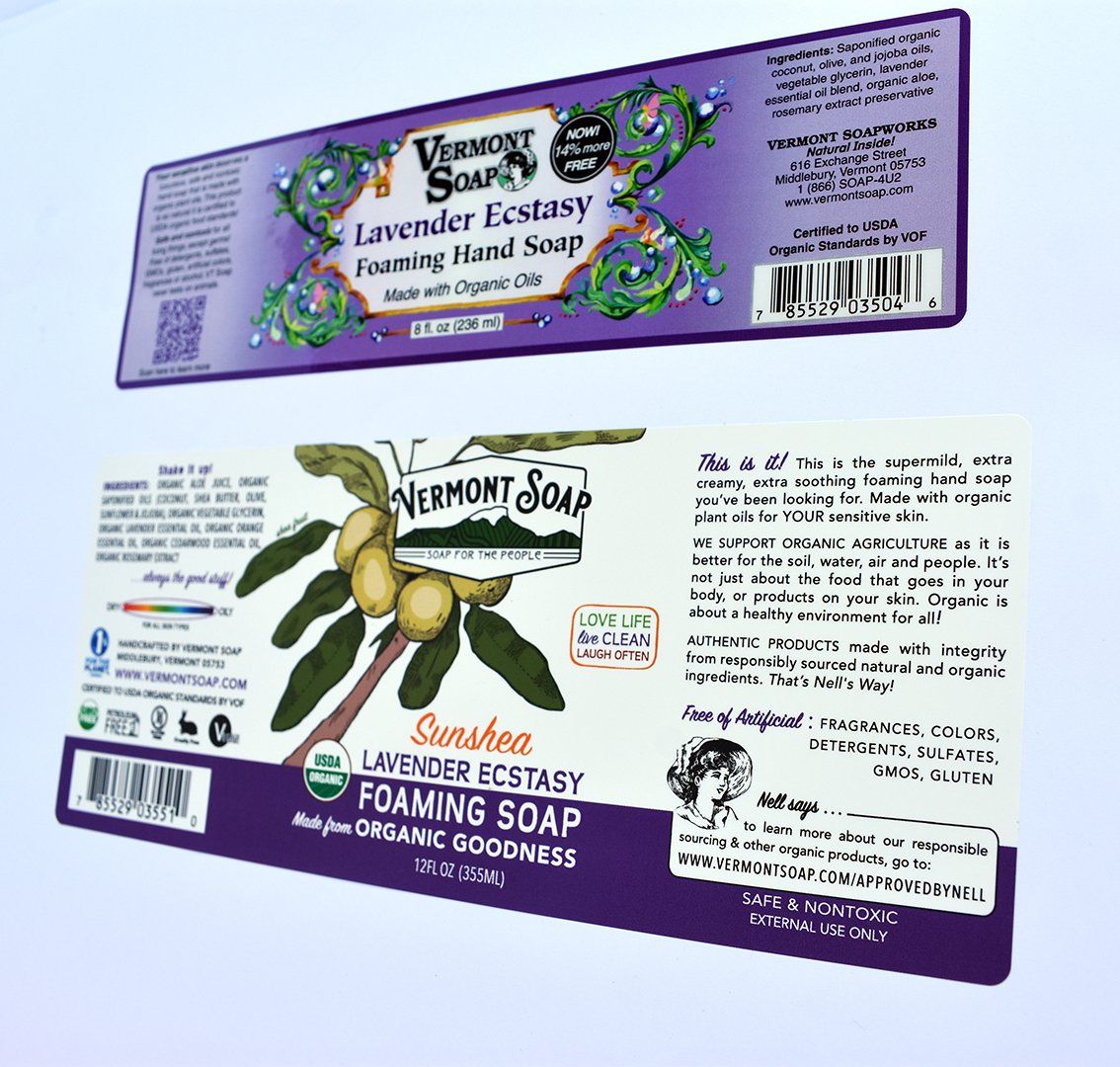 Lavender Ecstasy Foaming Soap labels before and after the rebrand