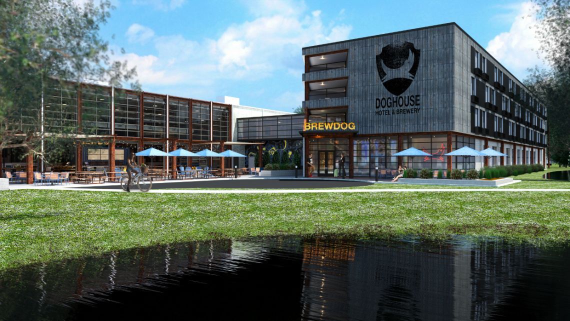 An outside panorama of the DogHouse Hotel