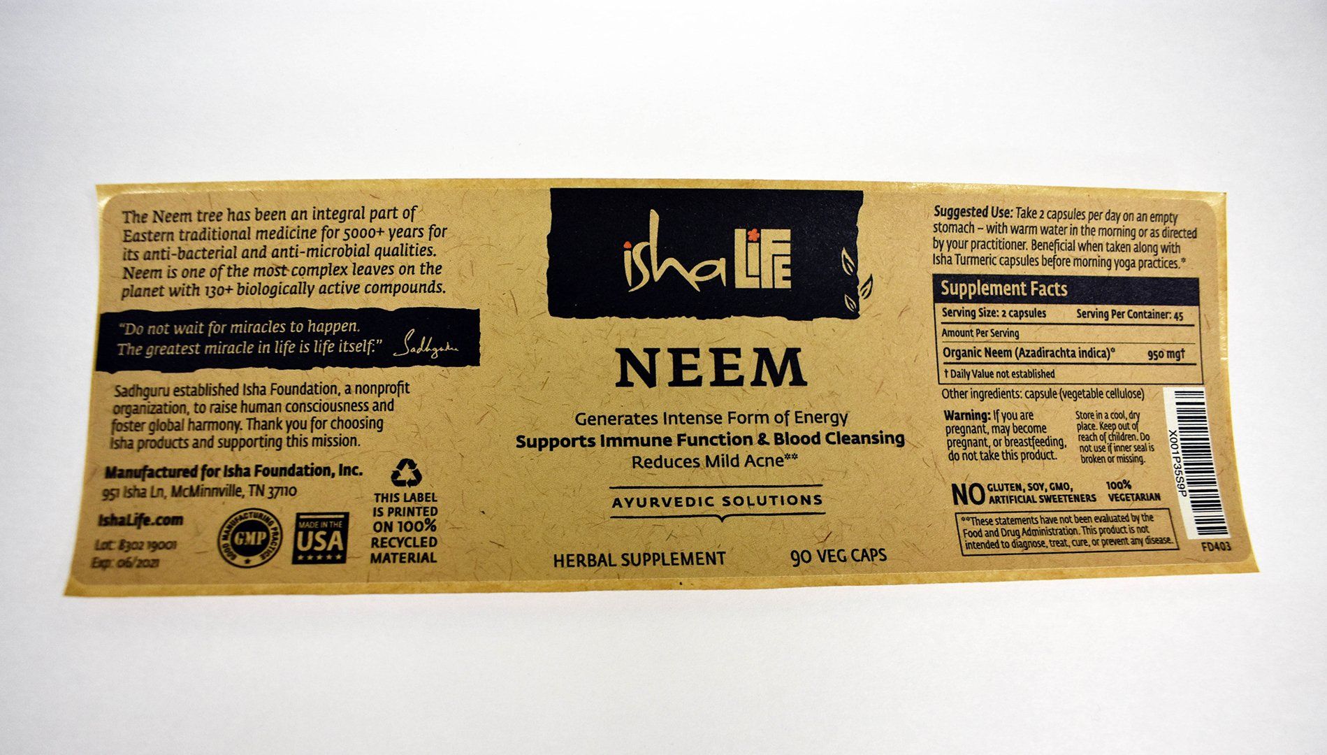 Isha Foundation's Neem Label on 100% PCW material