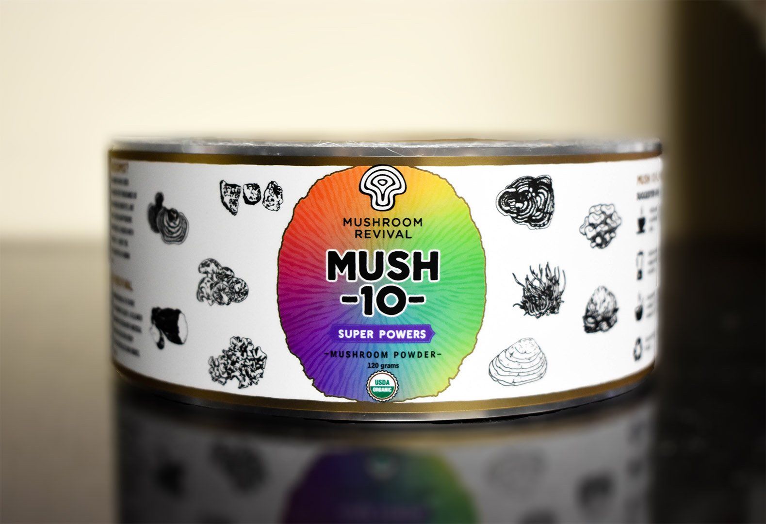 Roll of Mushroom Revival's Mush 10 labels on black background