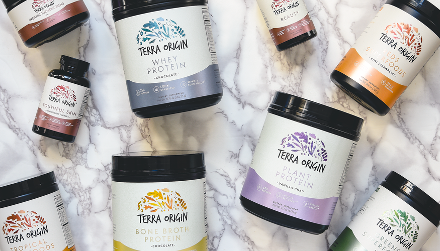 Terra Origin supplement products on marble background