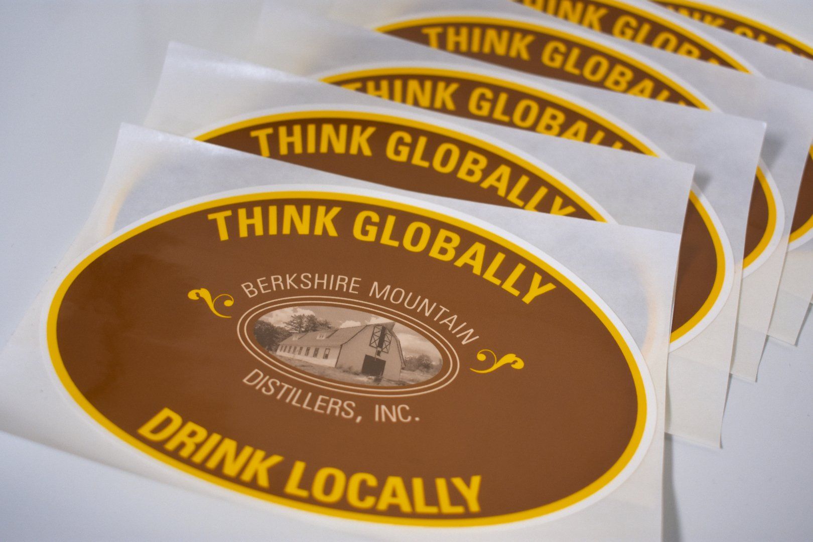 Berkshire Mountain Distillery decals fanned out on white background