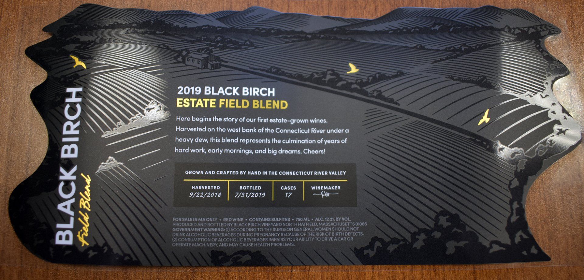 Black Birch Vineyard's 2019 Estate Field Blend label with selective gloss varnish and specialty die cut