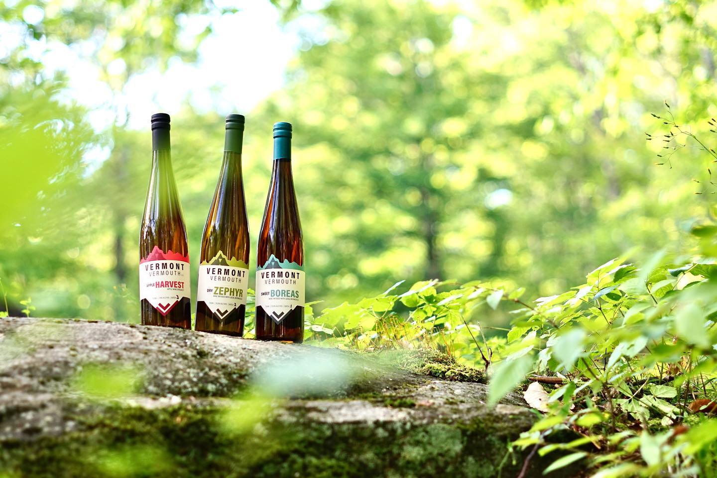 Vermont Vermouth products in the woods