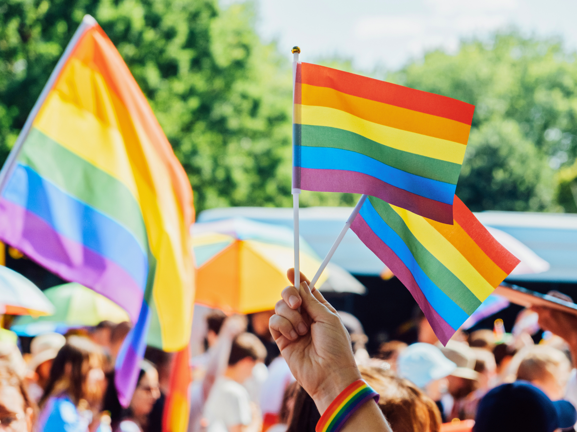 Hands holding rainbow Pride flags at an outdoor gathering