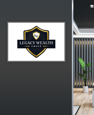 A legacy wealth logo is hanging on a wall in a room.
