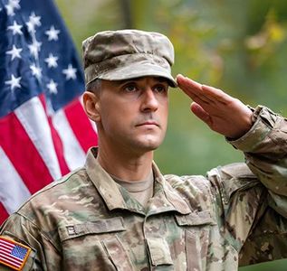 Soldier in uniform saluting in front of American flag.