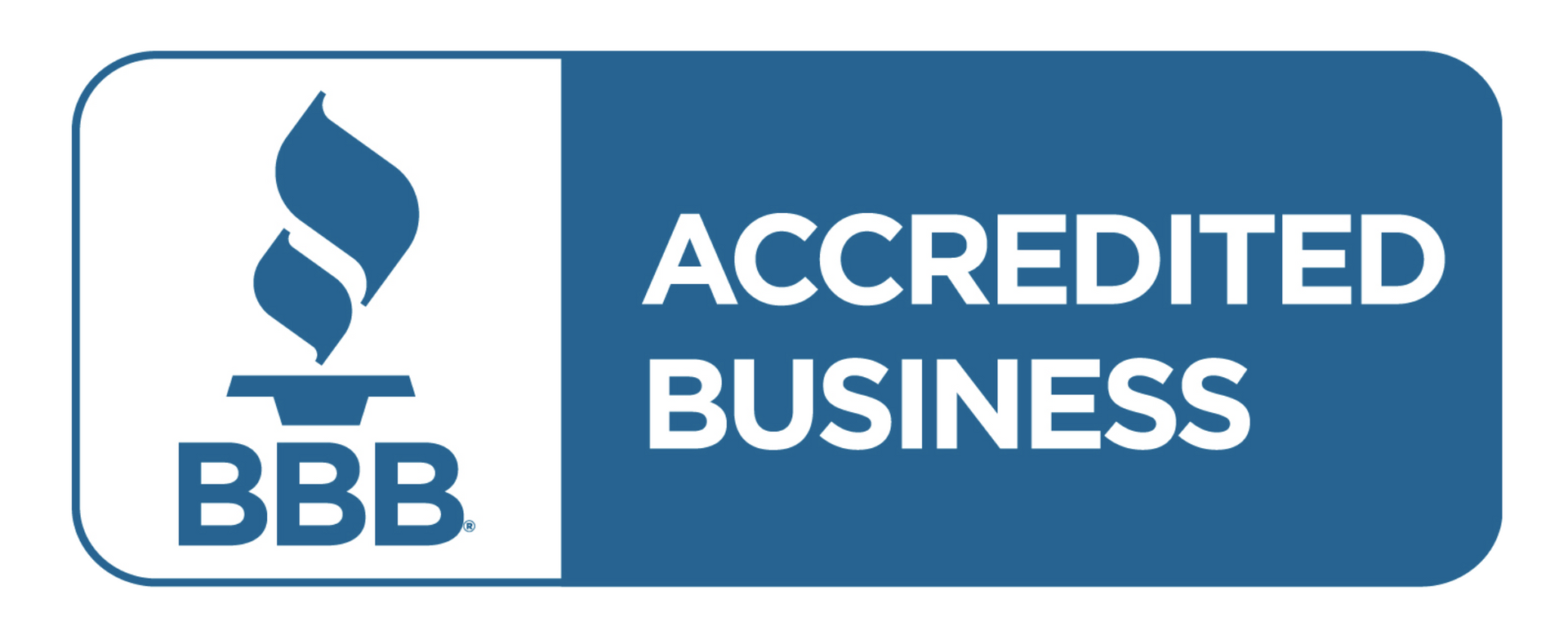 The bbb logo is blue and white and says accredited business.